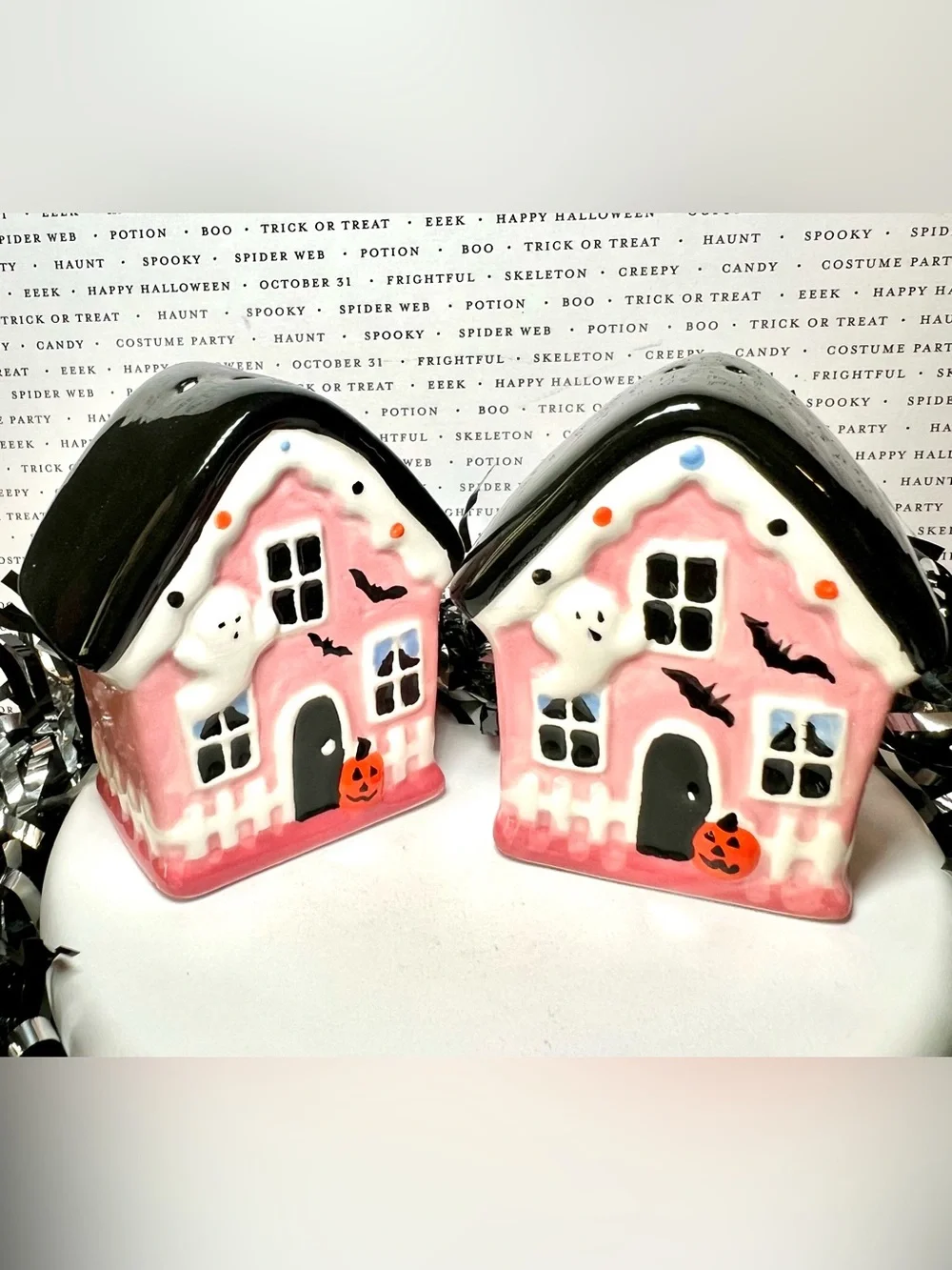 Halloween Pink Gingerbread Haunted House Ceramic Salt & Pepper Shakers Ghost Bat